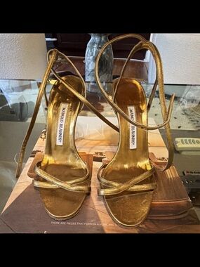 Manolo Blahnik Metallic Gold Wrap-Ankle Stiletto Sandals